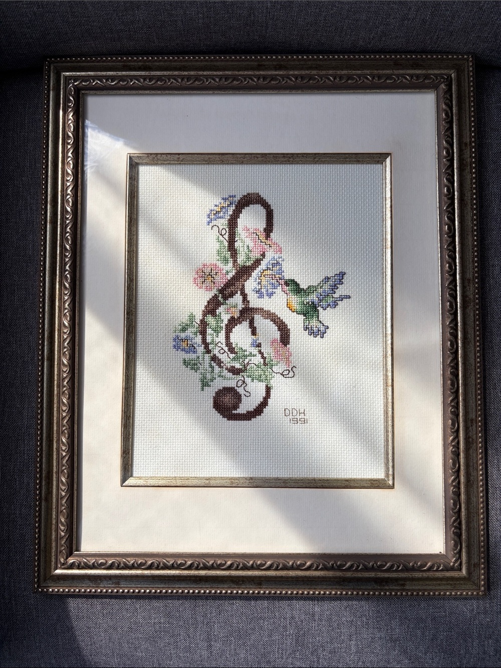 Vintage Framed Treble Clef Cross-Stitch with Hummingbird - Brown and Multicolor